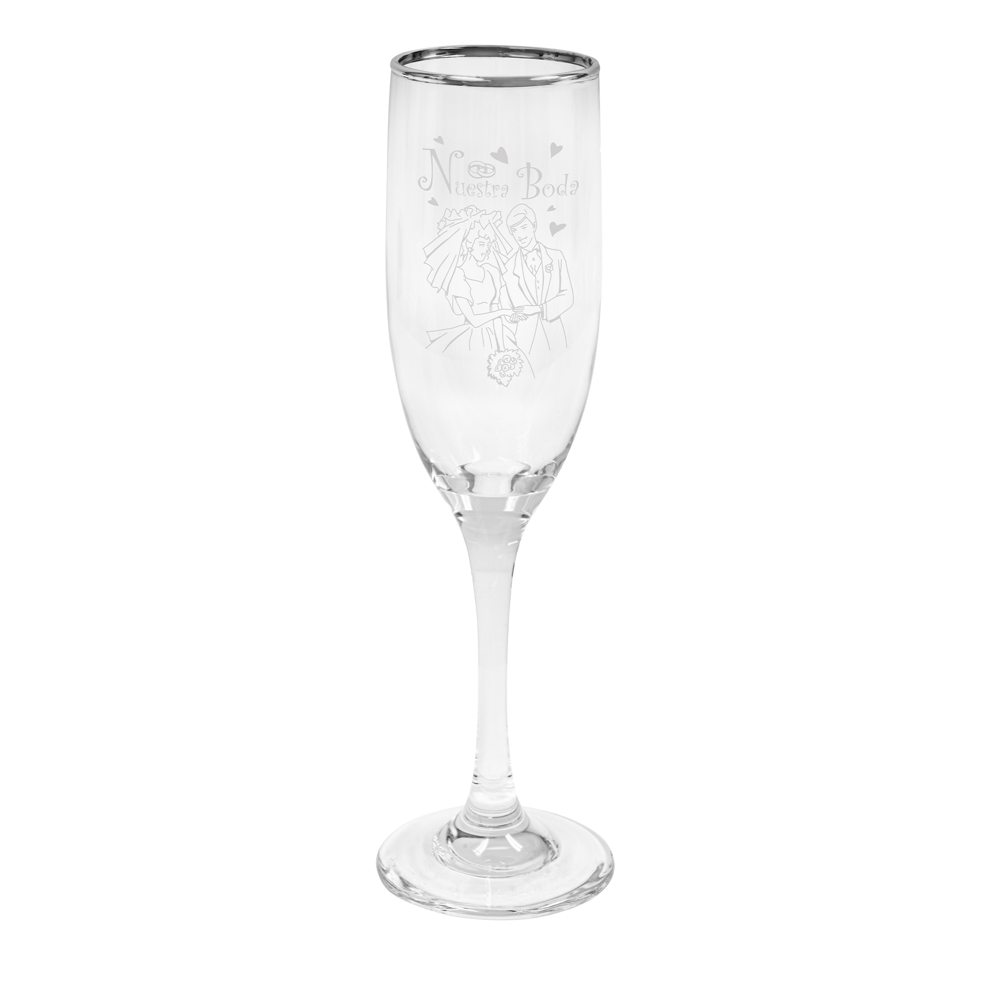 Glass Champagne Flutes Silver Rim- "Nuestra Boda" Set of 6pcs
