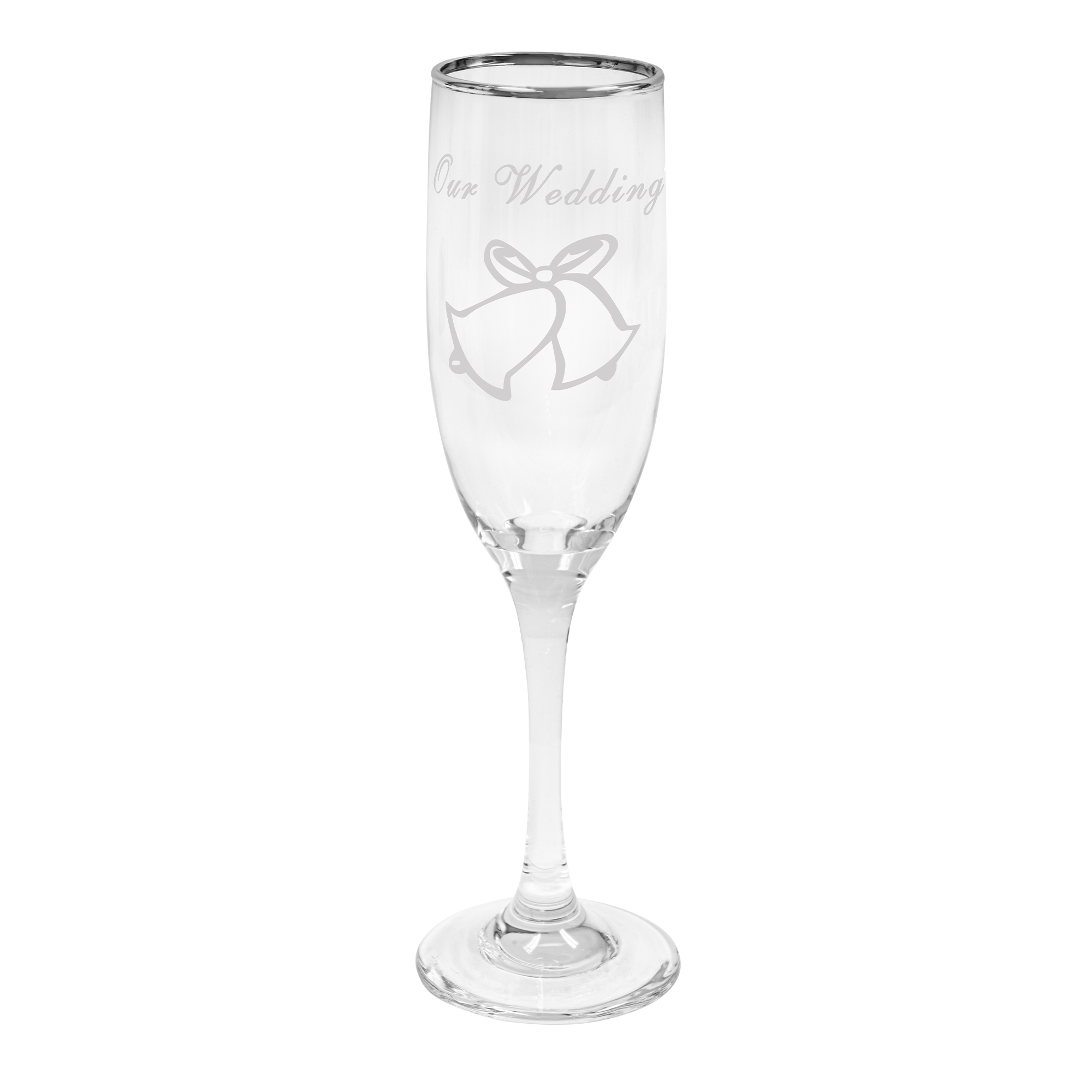 Glass Champagne Flutes Silver Rim- "Our Wedding" Set of 6pcs
