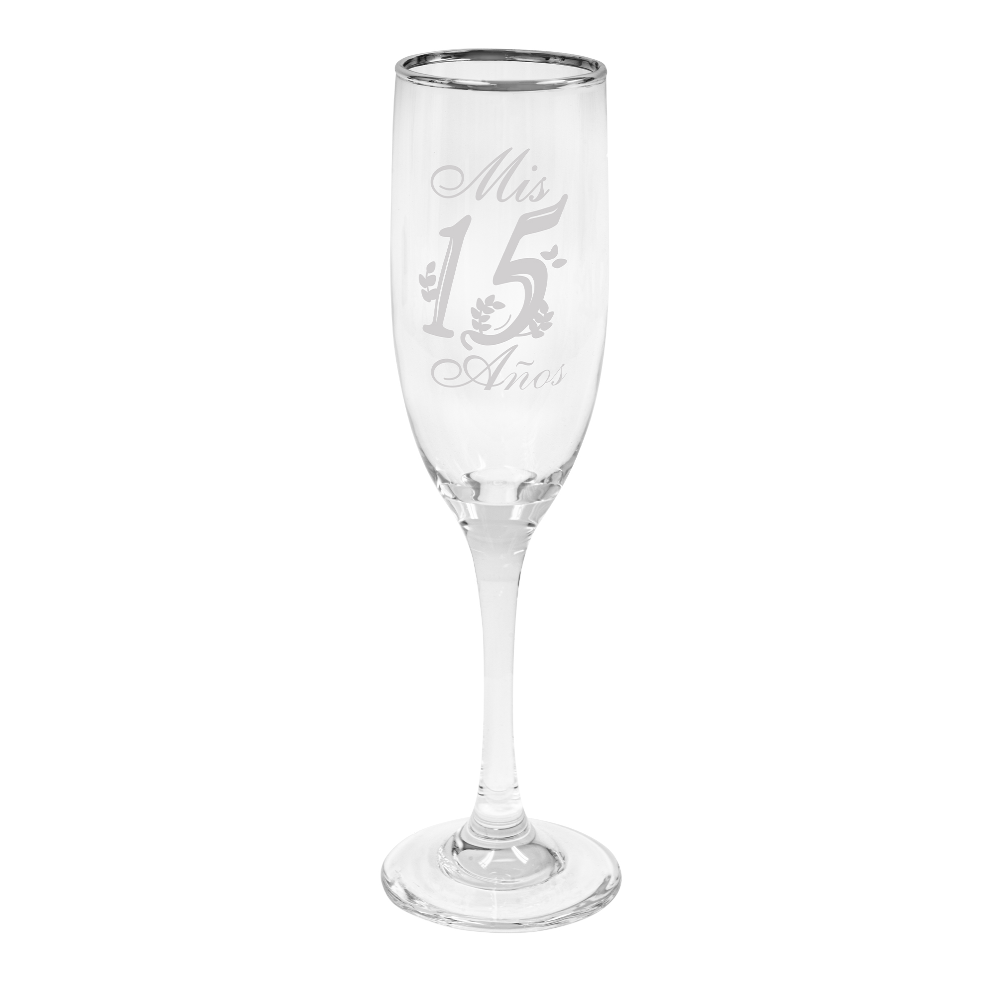 Glass Champagne Flutes Silver Rim- "Mis 15 Años" Set of 6pcs