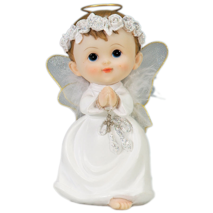 Poly Resin Angel Figurine w/ Sheer Feathered Wings 7"