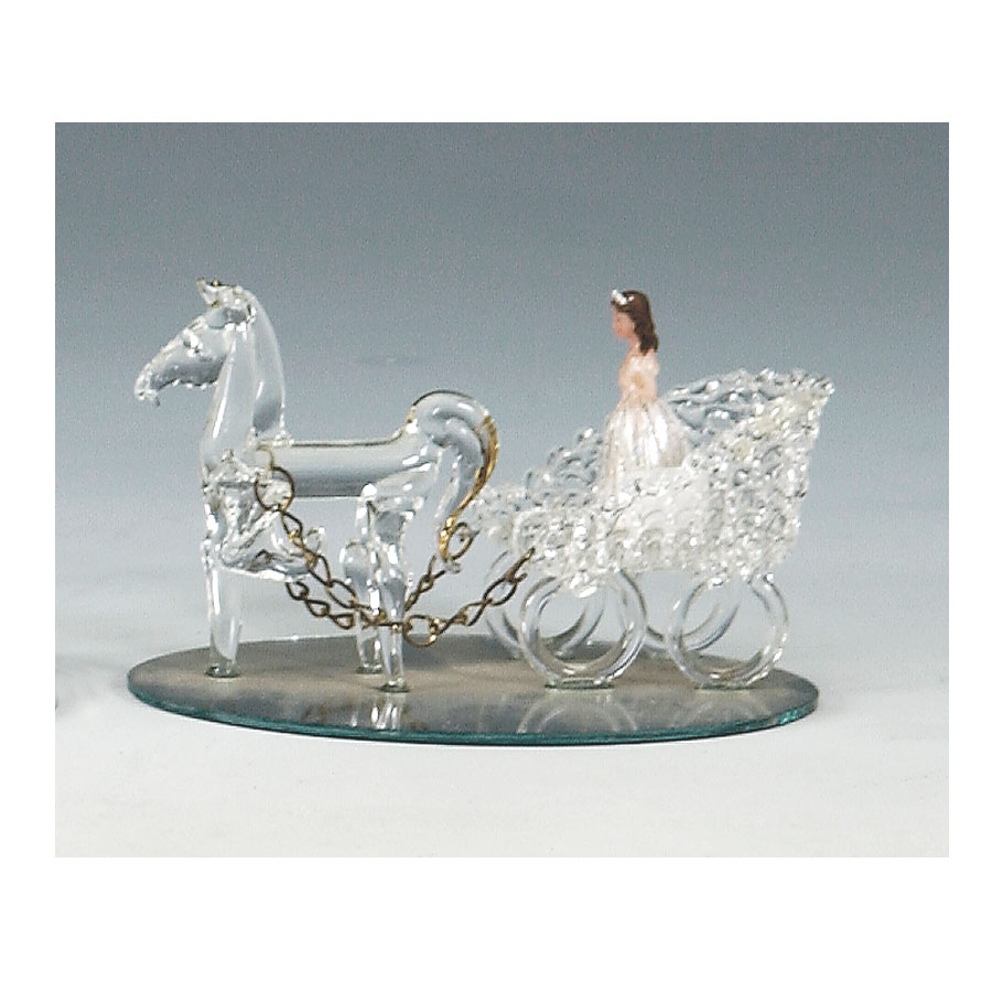 Crystal Glass Horse with Spun Glass Carriage on Mirrored Base